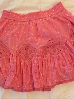 LoveShackFancy Pink Polka Dot Lace-Trim Tiered Mini Skirt